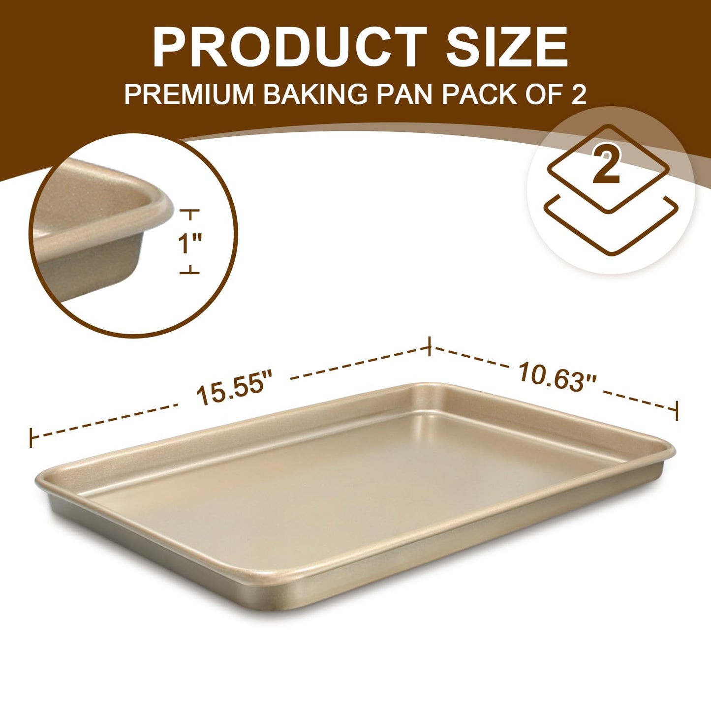 Wildone Baking Sheet Pan Set, Commercial Cookie Sheets for Oven, Nonstick Carbon Steel Jelly Roll Pan 15x10in, Heavy Duty & Easy Clean（2 Pack）