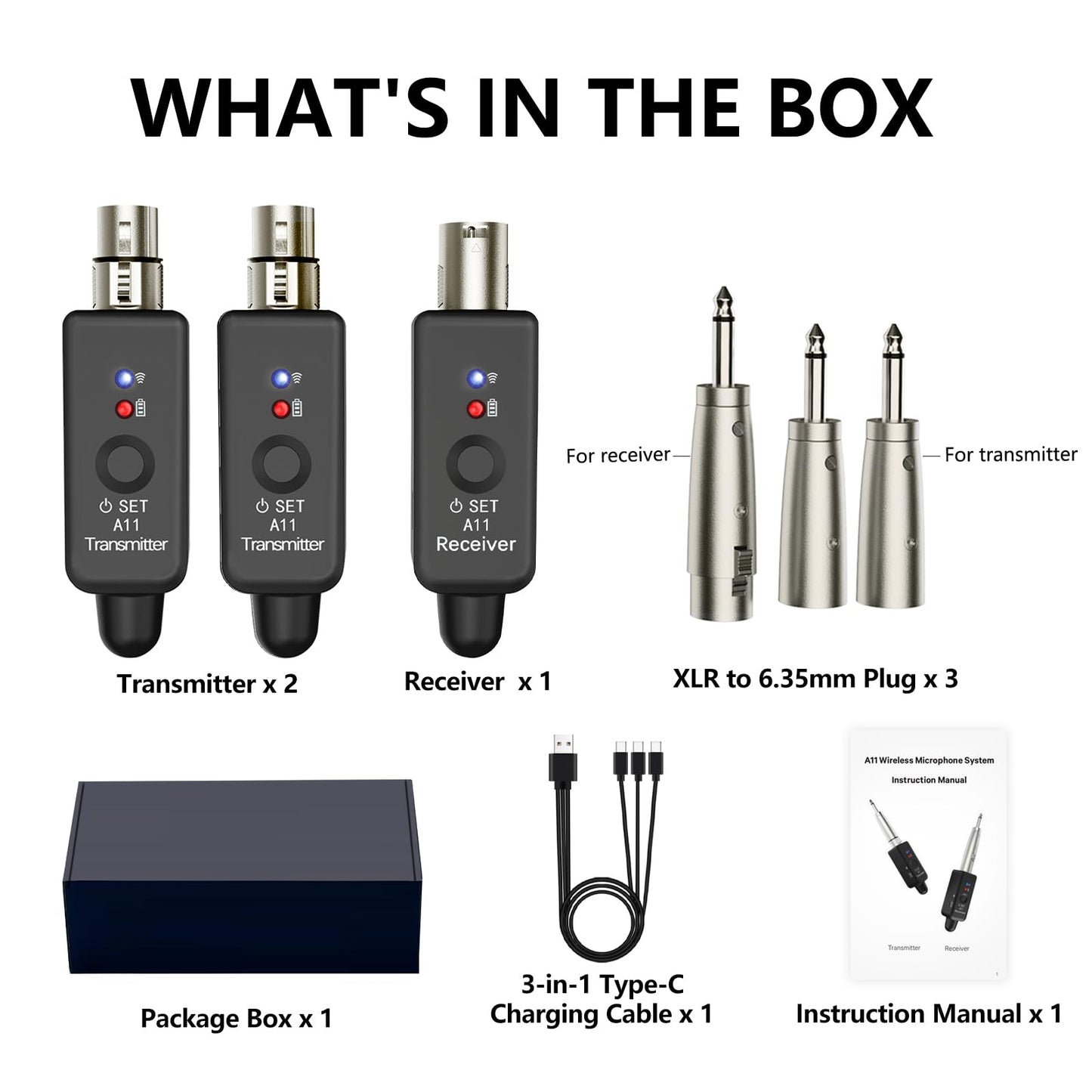 A11 Wireless Microphone System, 2.4GHz XLR Transmitter and Receiver for Dynamic Microphone, Audio Mixer, PA System, 100ft Range, Ultra-Low Latency, Rechargeable Battery(A11-2(2TX+1RX))