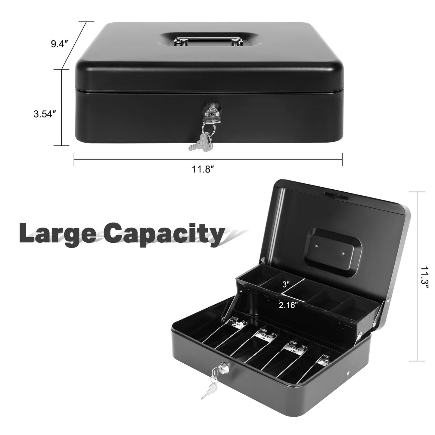 Cash Box with Lock and Money Tray Metal Money Box for Cash Register Large Cash Safe Box Tiered 11.8 x 9.4 x 3.54 Inches Black