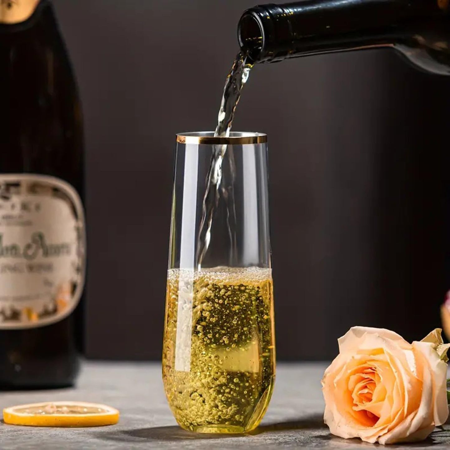 Jodoniz 24 Pack Plastic Champagne Flutes Disposable 9 Oz Stemless Clear Plastic Champagne Glasses Plastic Mimosa Glasses with Gold Rim Heavy Duty Unbreakable for Party Wedding Birthday
