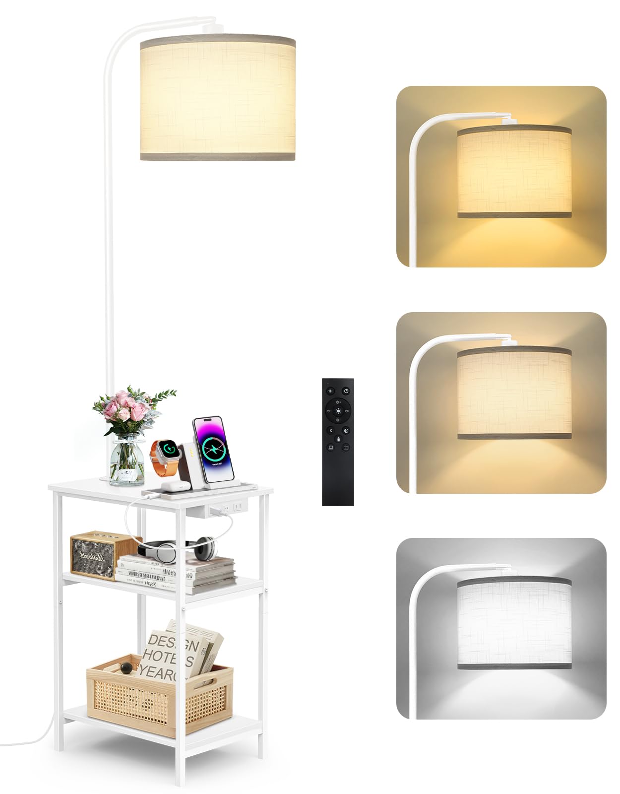 OUTONLIFE Floor Lamp with Table & Remote, Side Table with Charging Station, Dimmable Nightstand with 3 Color Temperatures, Open Shelves, 12W LED Bulb, End Table for Living Room, Bedroom, Office(White)
