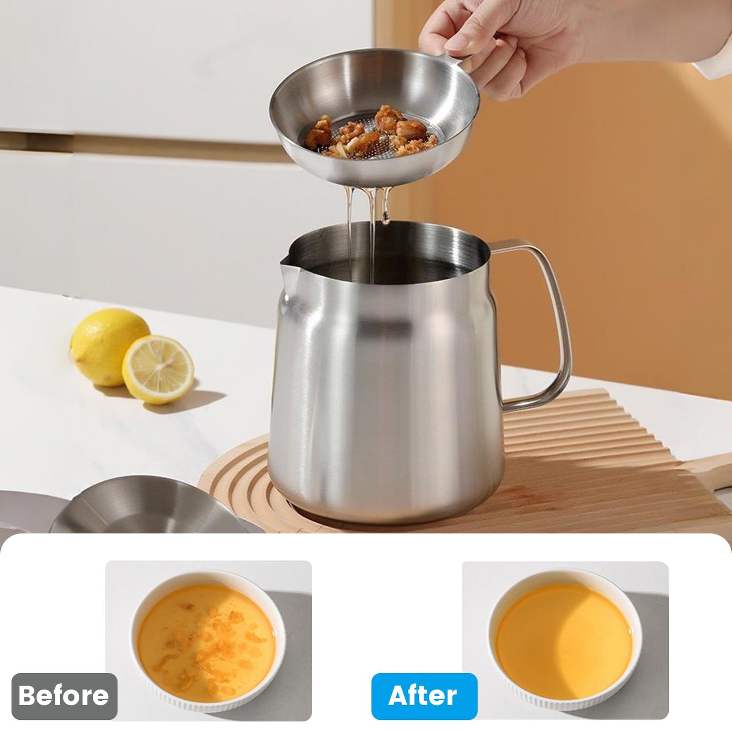 HOMKULA 2-in-1 304 Stainless Steel Multifunctional Oil Strainer Pot, Food Strainer, Large Capacity Oil Filter Pot, Bacon Grease Container with Deep Fryer Basket(2.1L)
