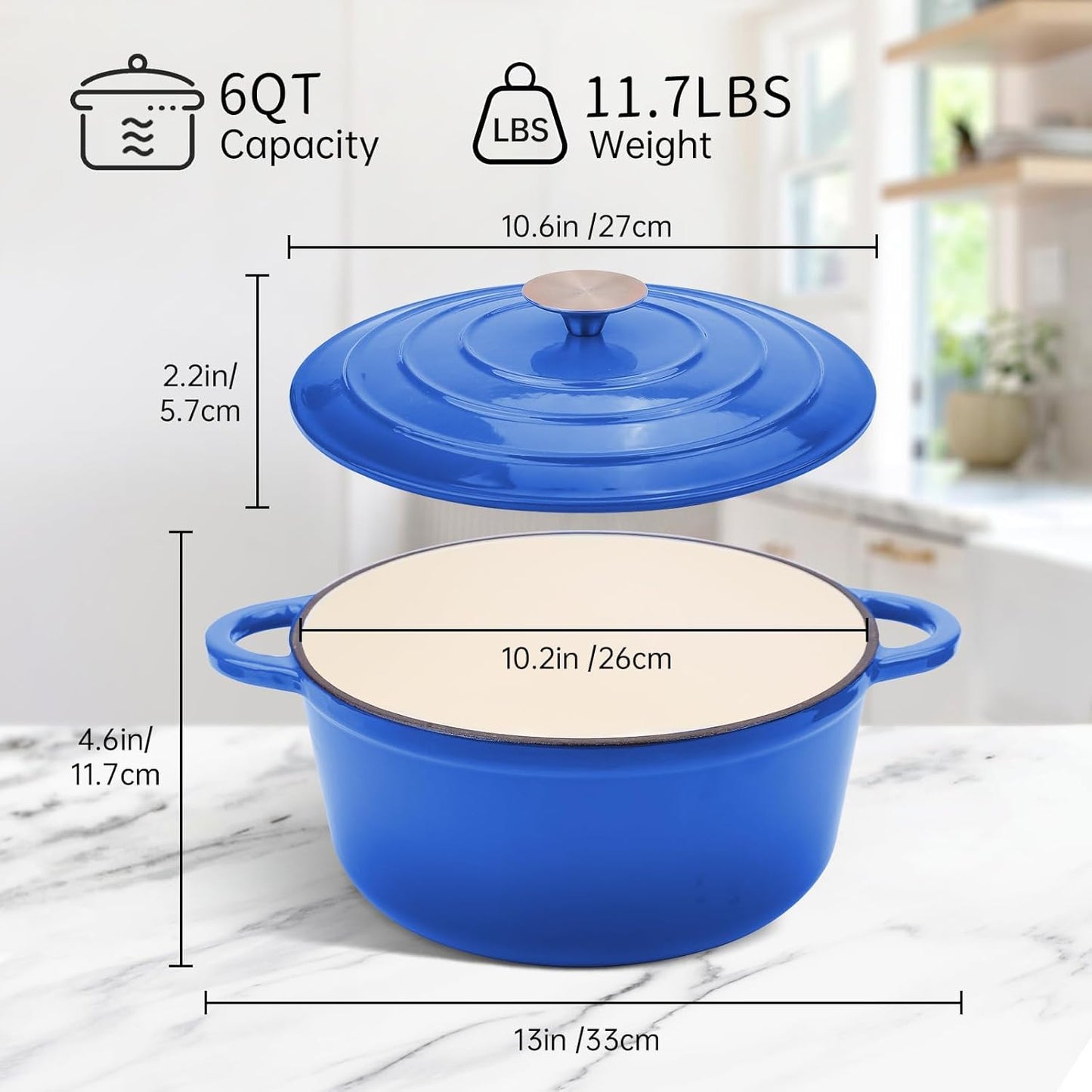 Enameled Cast Iron Dutch Oven for Sourdough Bread, 6QT Cast Iron Pot with Lid, Heavy Duty Dutch Oven Pot for Bread Baking, Braising, Stews, Roasting (Blue) (Dark Blue)
