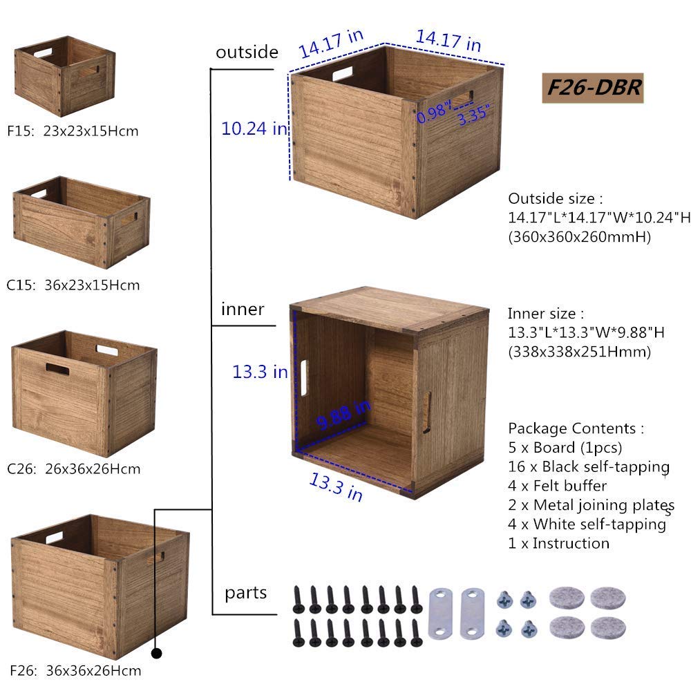 KIRIGEN Stackable Wood Storage Cube /Basket/ Bins Organizer for Home Books Clothes Toy Modular Open Cubby Storage System - Office Bookcase Closet Shelves F26-DBR