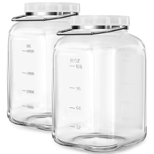2 Pack 1.5 Gallon Glass Jar with Lid Wide Mouth, Large Mason Jar with Airtight Screw Lid and Handle, Clear glass storage containers with 2 Scale Mark for Flour, Cookie, Candy