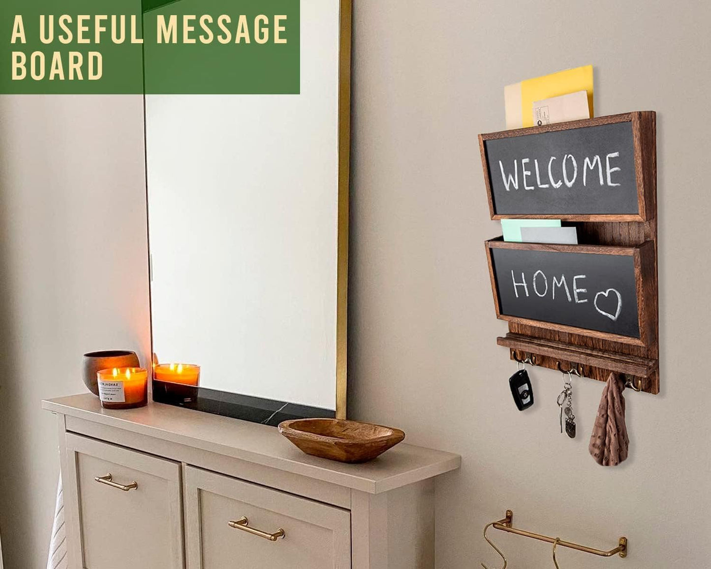 Rustic 2-Slot Mail Sorter Organizer for Wall with Chalkboard & 3 Double Key Hooks - Wooden Wall Mount Mail Holder Organizer – Rustic Brown