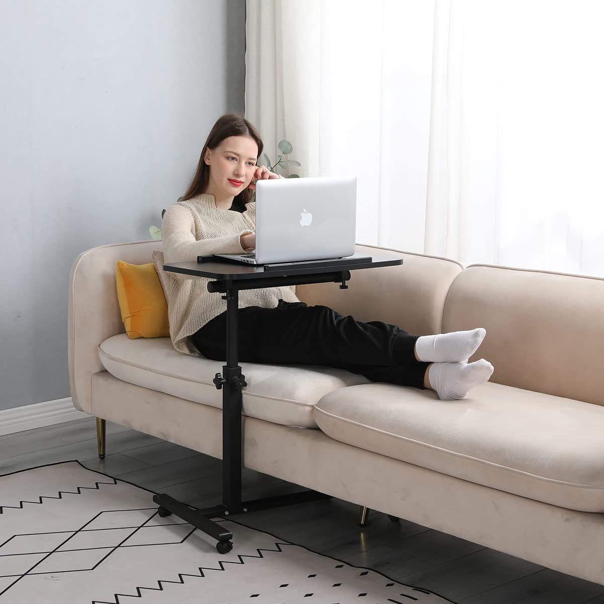 Furist Wheel Rolling Tray Height Adjustable Over Bedside Desk Tilting Sit-Stand Laptop Desk Cart Stand Tilt Table for Hospital&Home Use(Black)