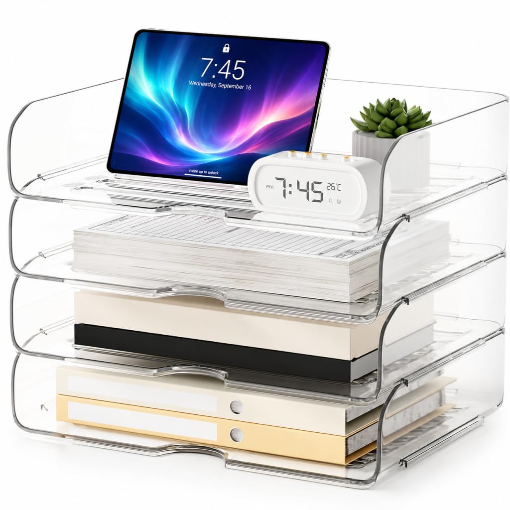 File Organizer Large-Capacity Desk Organizer, Clear Stackable & Acrylic Paper Tray Transparent Paper Organizer Easy Access for Home Office & School