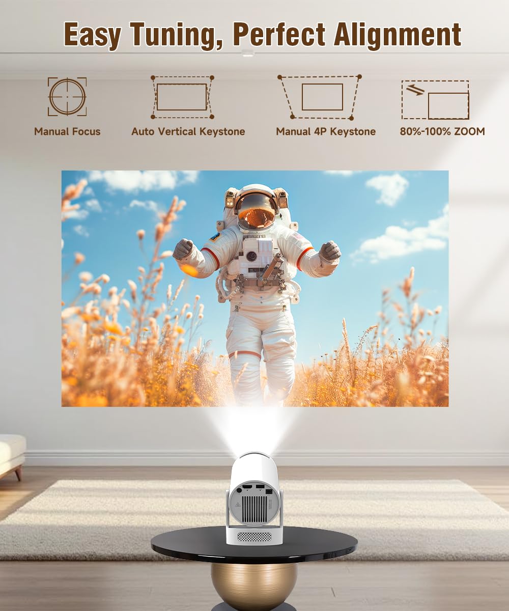 Mini Projector with WiFi6 and Bluetooth5.4, Android 14 Portable Smart Projector 4K Support, 5w Soundbase Speaker, 200ANSI & Auto Keystone, 180° Rotatable, Projecteur for Home Bedroom Movie HY300Pro+