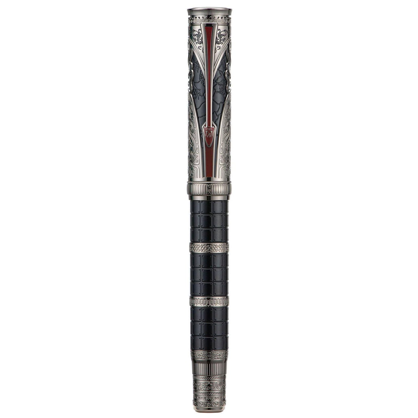 Hongdian D5X Fountain Pen Black Color Medium Nib, Qin Dynasty Retro Chinese Totem Engraving Smooth Writing Pen with Converter and Pen Box Set