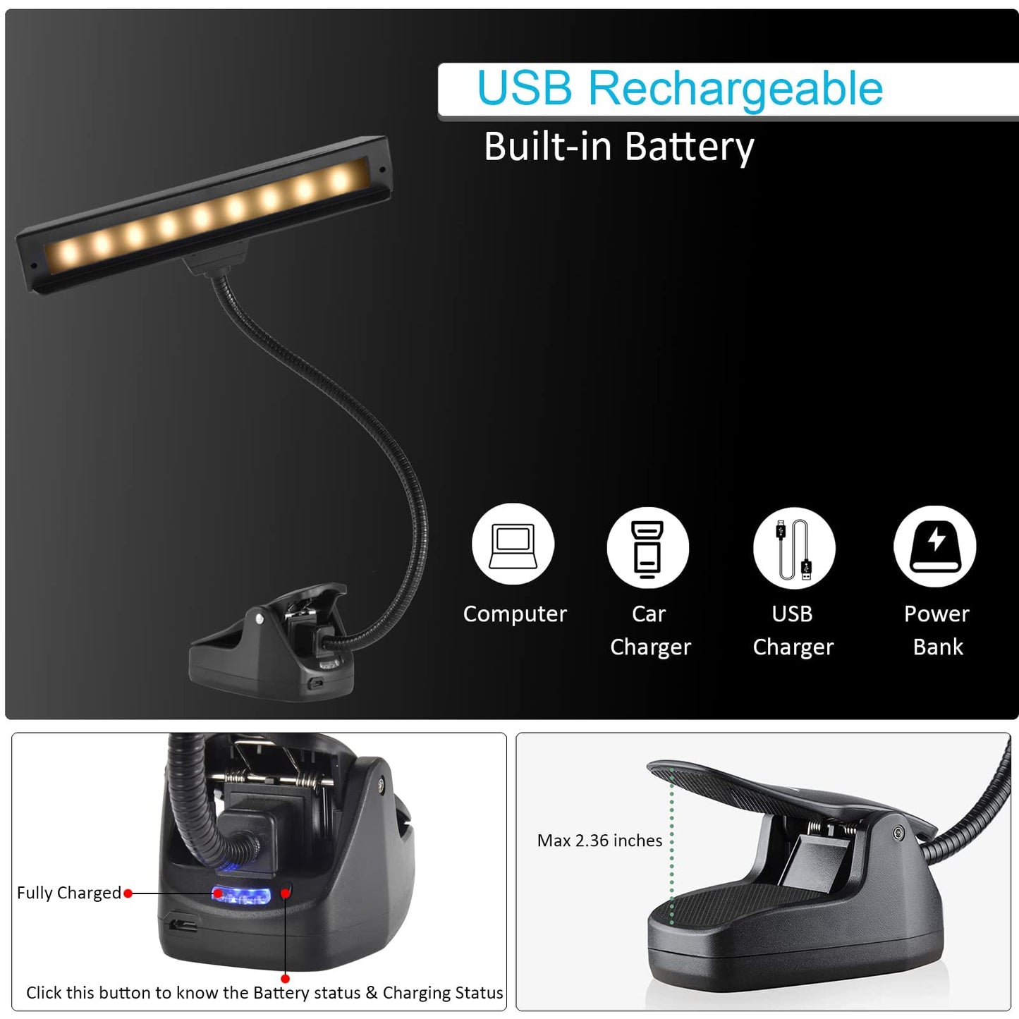 Rechargeable Music Stand Light, 19 LEDs Clip On Reading Light - 3 Level Brightness Settings, Color Temperature Optional (Warm/Cool White/Natural Light Color), Perfect for Piano, Reading,Working