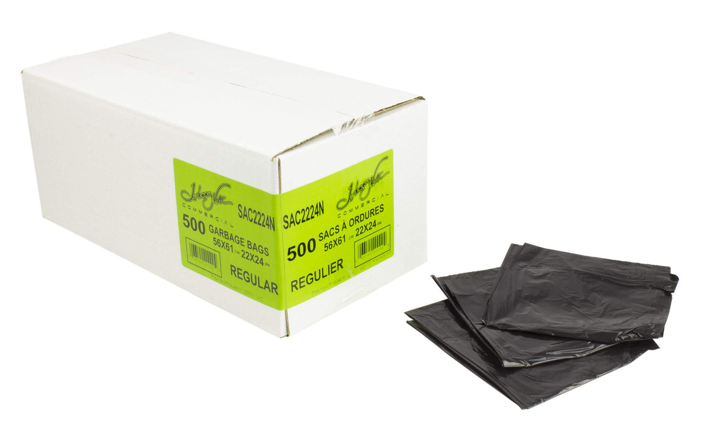 Garbage Bags, 500/Box, Black, 22" x 24", Regular, Johnny Vac