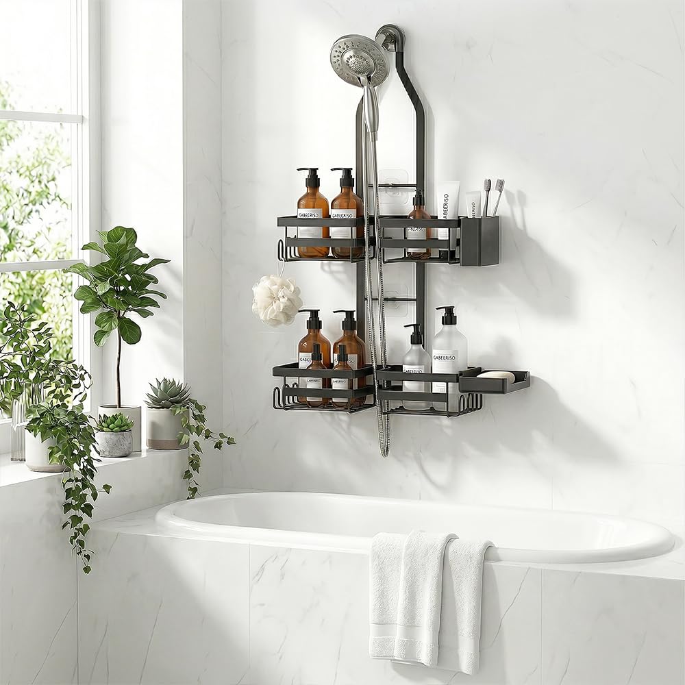 Gabeeriso Shower Caddy Hanging, Bathroom Organizer Black Rustproof 2-Tier Adjustable Height Over Shower Head with Soap/Toothbrush Holder &12 Hooks, No Drilling Shower Storage