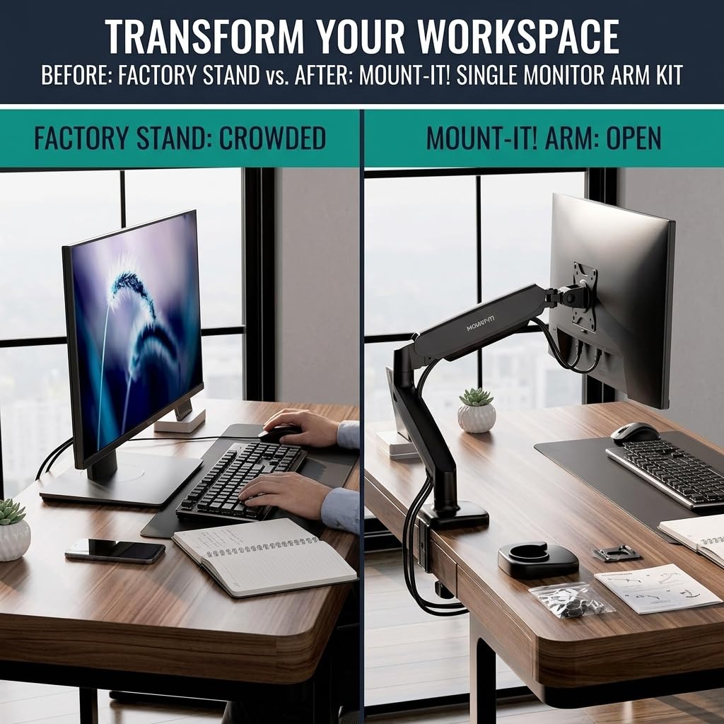 Mount-It! Monitor Arm – Single Monitor Desk Mount, Articulating Gas Spring Arm, Fully Adjustable 13"-32" Screens, VESA 75x75 100x100, Clamp & Grommet Base, Holds 17.6 lbs