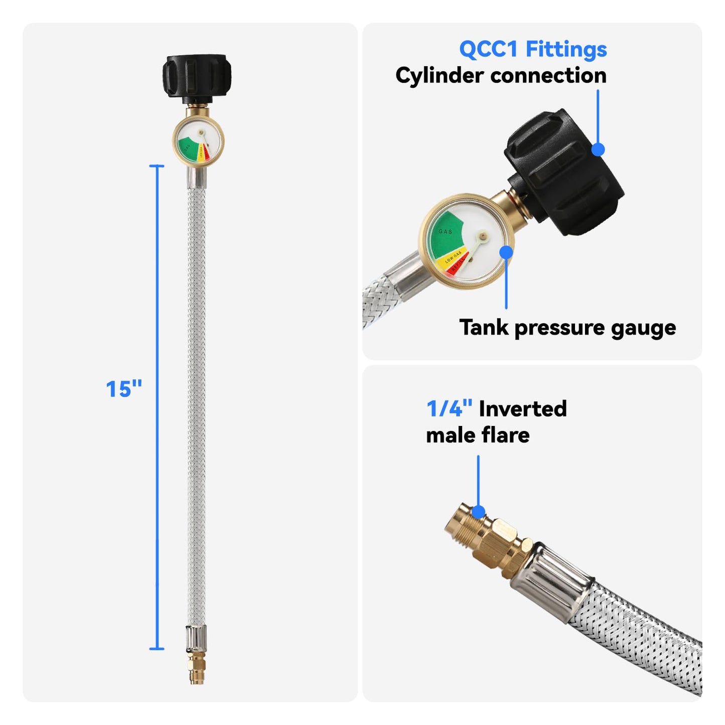 Solimeta RV Dual Cylinder Gas Regulator - 2-Stage Seamless Changeover Valve with 2PCS 15" Stainless Steel Hoses for Campers & Trailers，Vans/Trailers Primary Cylinder