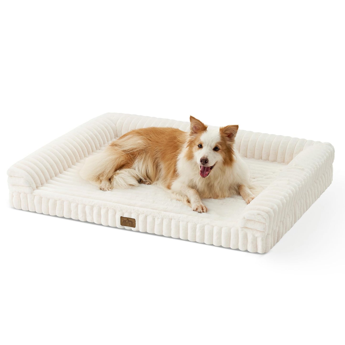 COZY KISS Cute Dog Bed for Large Dogs, Faux Fur Orthopedic Foam Dog Bed with Sides, Removable Washable Cover & Waterproof Lining, Comfortable Pet Couch, Cream (44" L x 32" W x 7" Th)