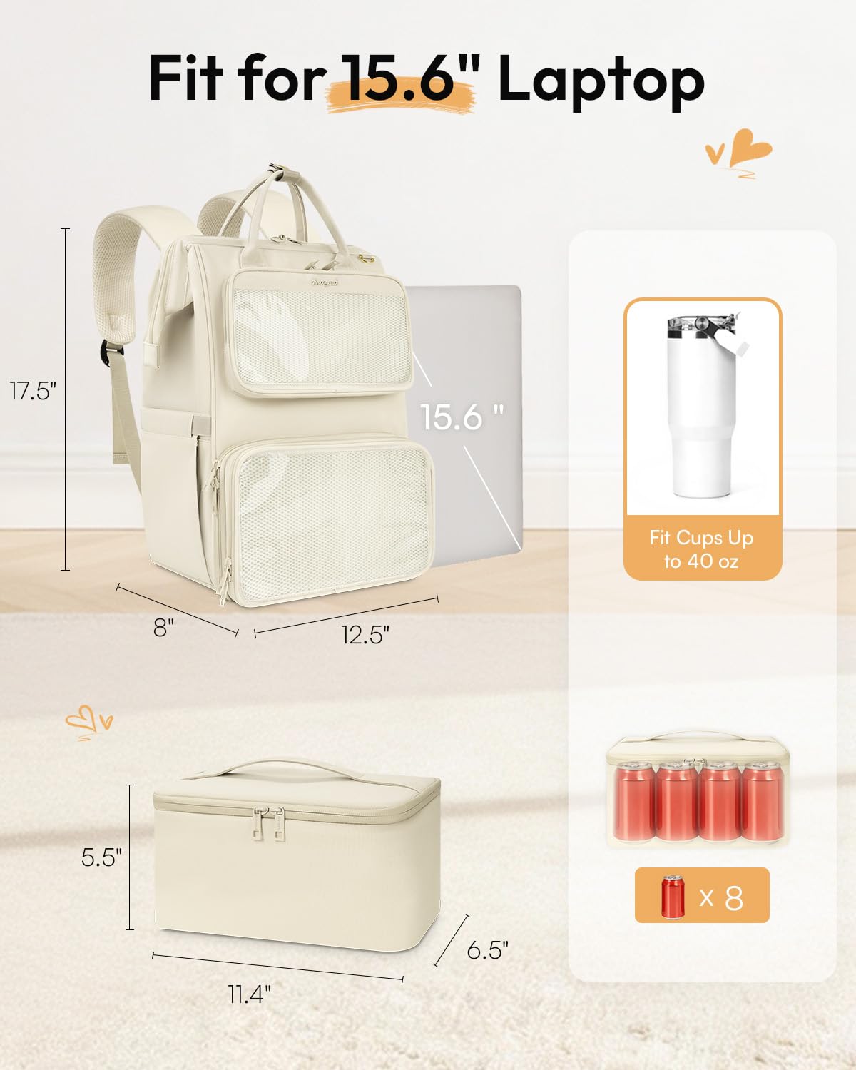 Arcoyard Ita Bag Pin Display Backpack with Insert, Ita Backpack with Lunch Box for Anime Cosplay Concert, 15.6 Inch Lunch Backpack with laptop compartment, Beige