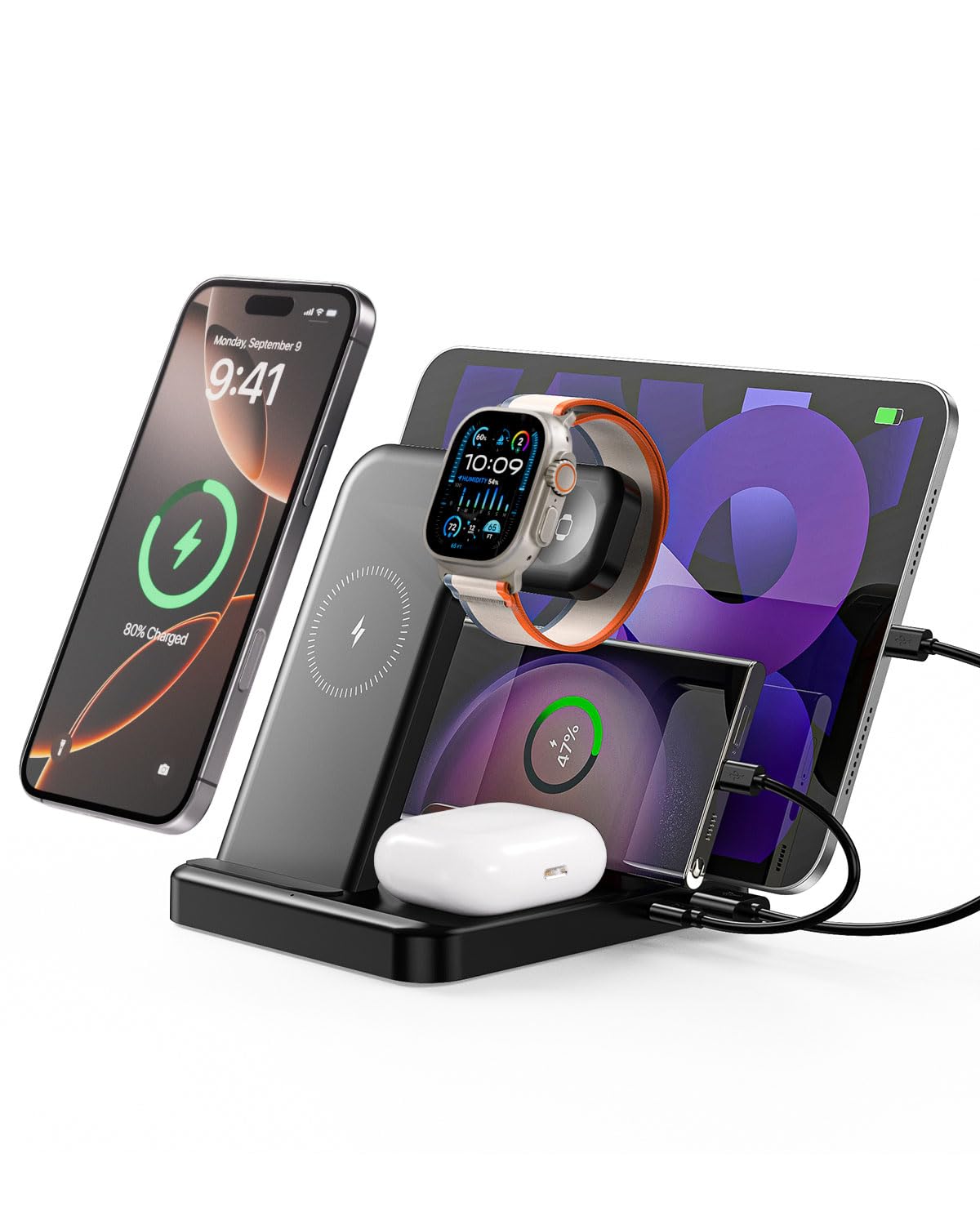 Caxdon Multiple Devices Charging Station, 5-in-1 Charging Station for iPhone 17 Pro Max/Pro/16/15/14/13/12, iPad Pro/Air/Mini, Apple Watch and Airpods,Wireless Charging Dock(G805, Black)