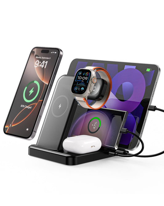 Caxdon Multiple Devices Charging Station, 5-in-1 Charging Station for iPhone 17 Pro Max/Pro/16/15/14/13/12, iPad Pro/Air/Mini, Apple Watch and Airpods,Wireless Charging Dock(G805, Black)