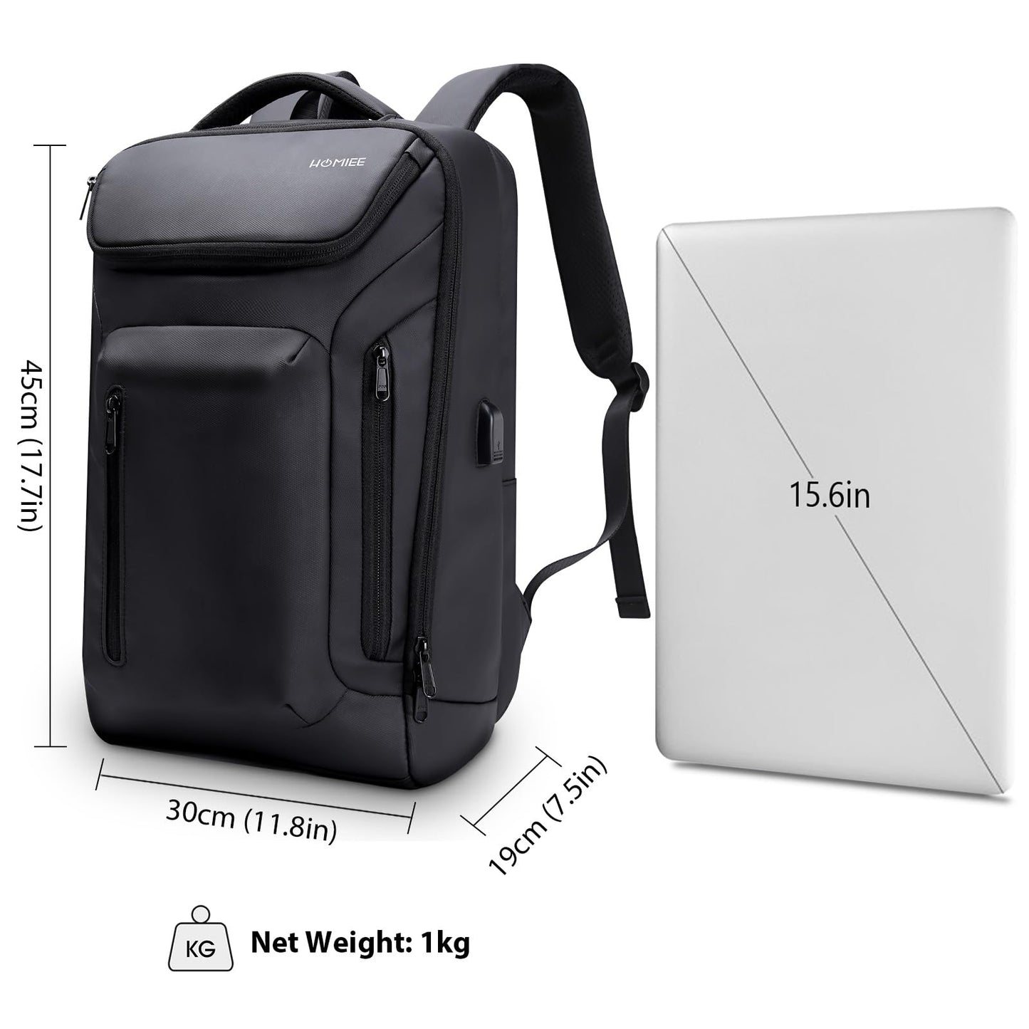 HOMIEE Business Laptop Backpack, Water-Resistant High Tech Backpack for Men, 15.6 Inch Laptop Backpack Travel Backpack with USB Charging Port, Black
