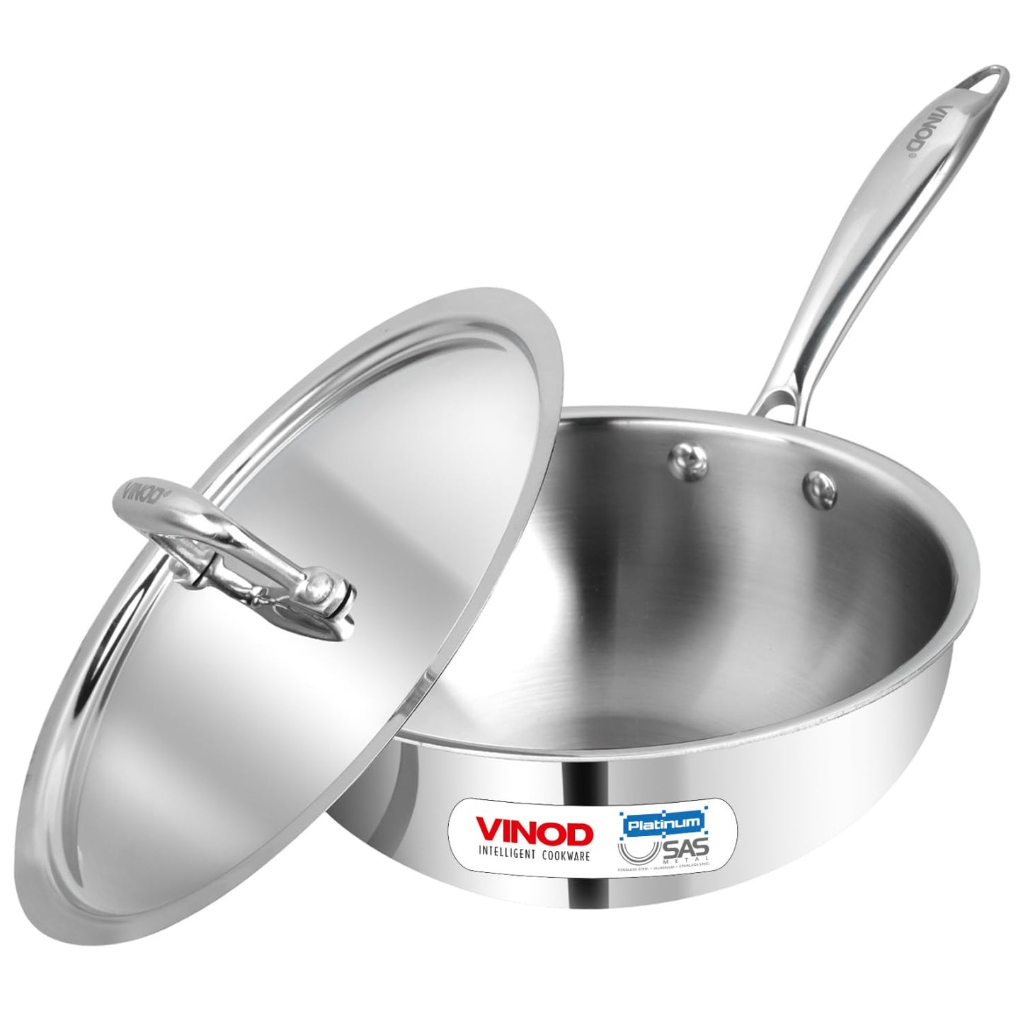 Vinod Platinum Triply Stainless Steel Wok with Lid 22 cm | Deep Skillet Pan with Riveted Sturdy Handle | Induction and Gas Frying pan, Dishwasher & Oven Safe | Ideal for Frying, Sautéing-Silver