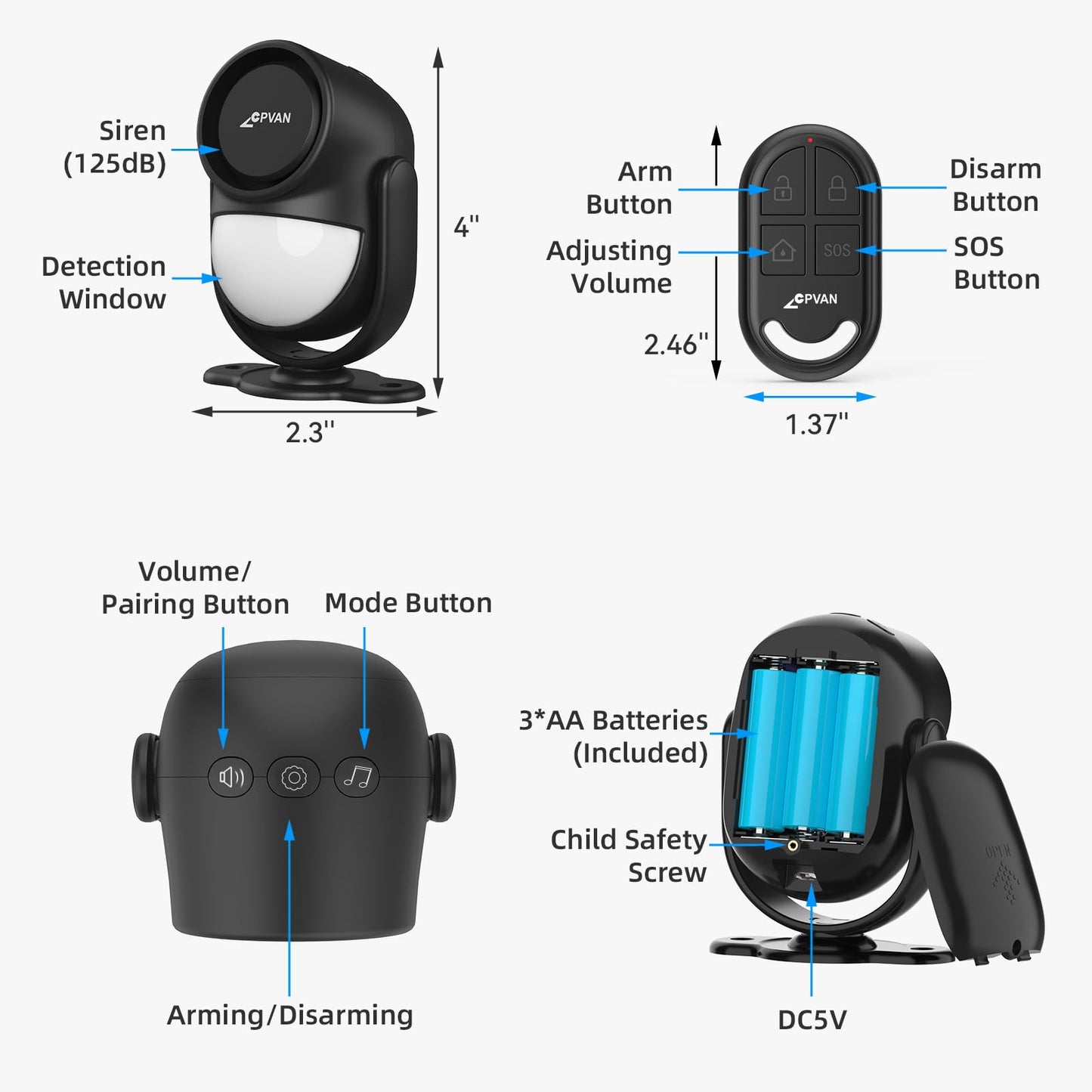 CPVAN Motion Sensor Alarm with Remote Control, PIR Indoor Motion Detector Alarm, Security Alarm System (Black)