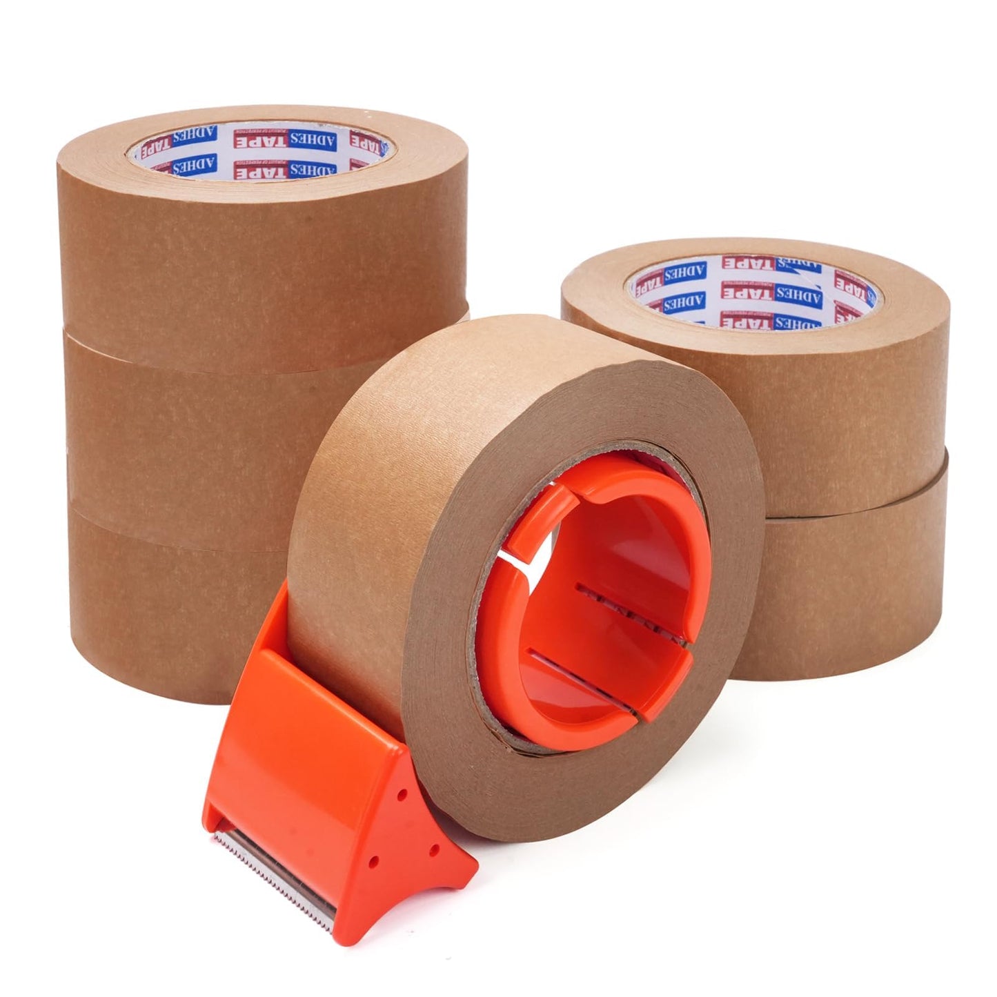 ADHES Kraft Paper Tape with Dispenser, 2 in x 55 yds x 6 Rolls – Eco Friendly Brown Packing Tape, Strong Adhesive, Easy Cut Tape Dispenser for Shipping, Moving & Packaging