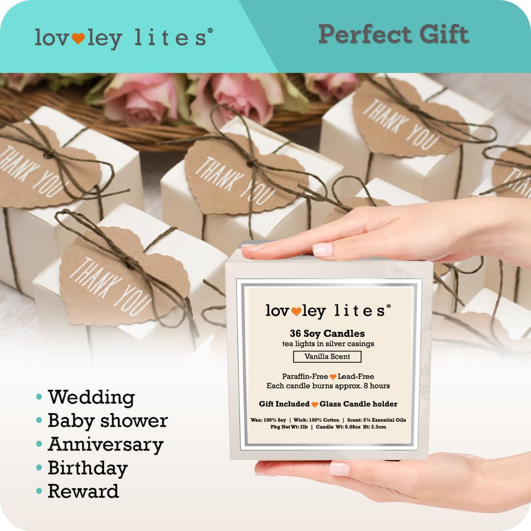 Lovley Lites Soy Tealight Candles Vanilla - 36 Premium Long Burning 1 Inch Tall Tea Lights Scented with Complimentay Glass Candle Holder