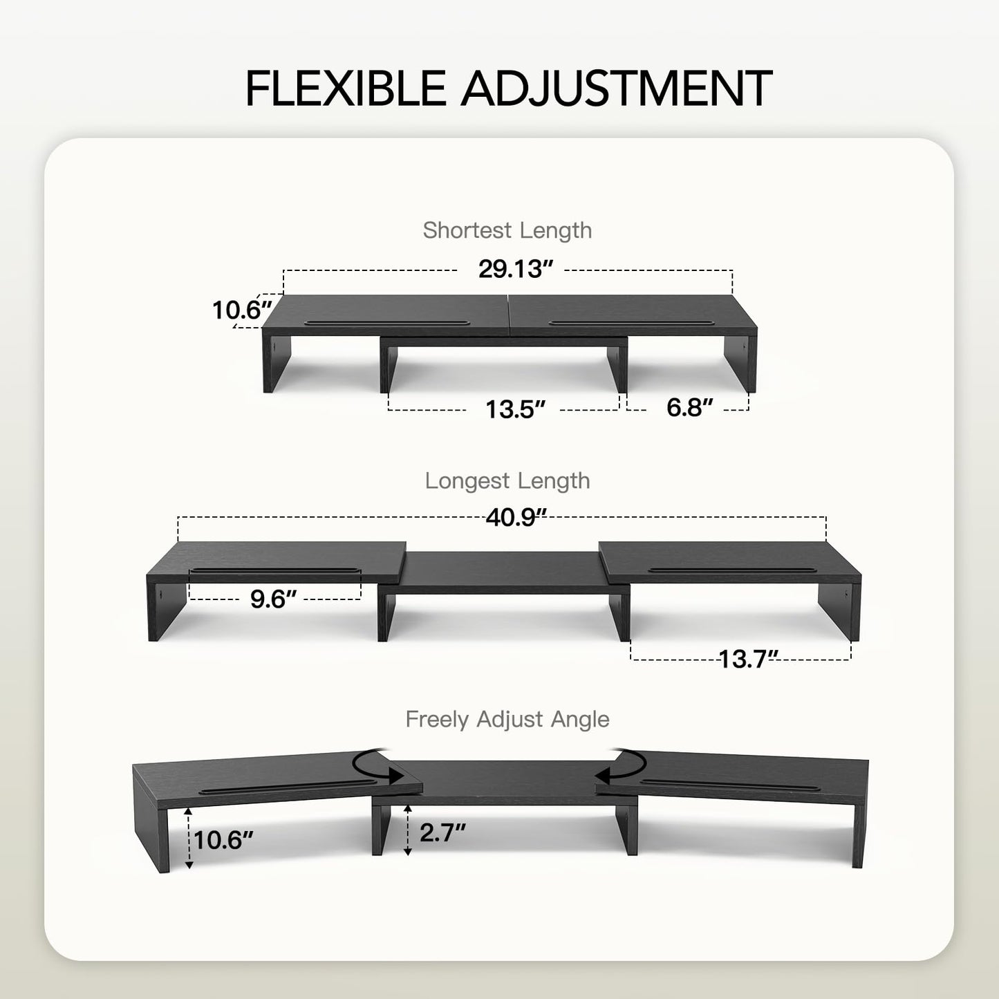 AMERIERGO Dual Monitor Stand -Adjustable Length and Angle, Dual Monitor Riser, Computer Monitor Stand w/2 Slot, Desktop Organizer, Monitor Stand Riser for PC, Computer, Laptop (Black)