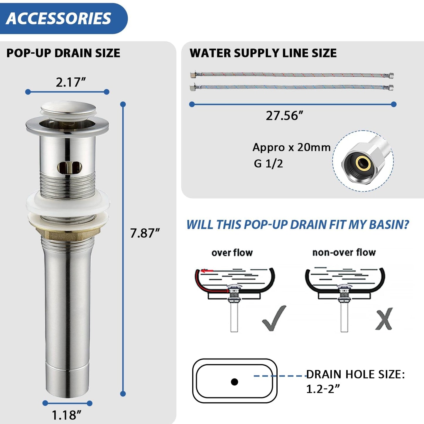Brushed Nickel Bathroom Faucet, Two Handle Stainless Steel Bathroom Sink Faucet for 2 or 3 Hole, 4 inch Faucet Bathroom Sink with Pop Up Drain and Supply Line, RV Lavatory Vanity Sink Faucet, BF020L
