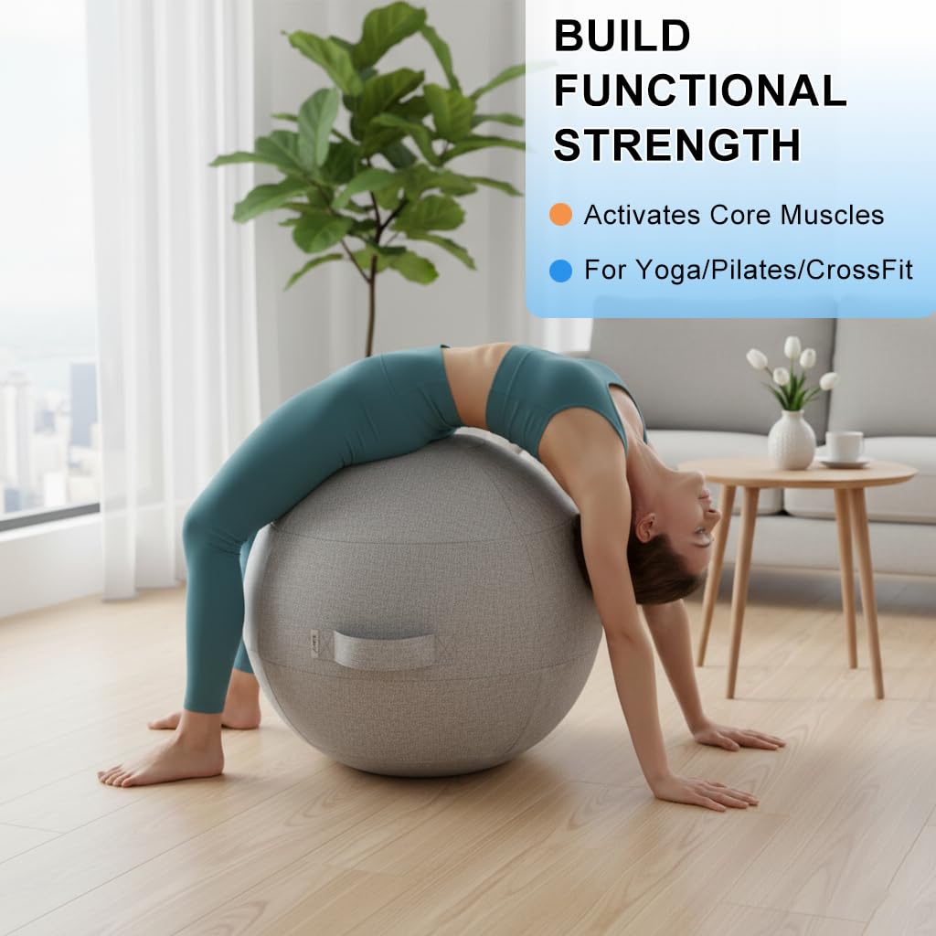 Exercise Ball Chair with Fabric Cover, Standard Size (25inches/65cm), for Home Offices, Balance Training, Yoga Ball (Gray)