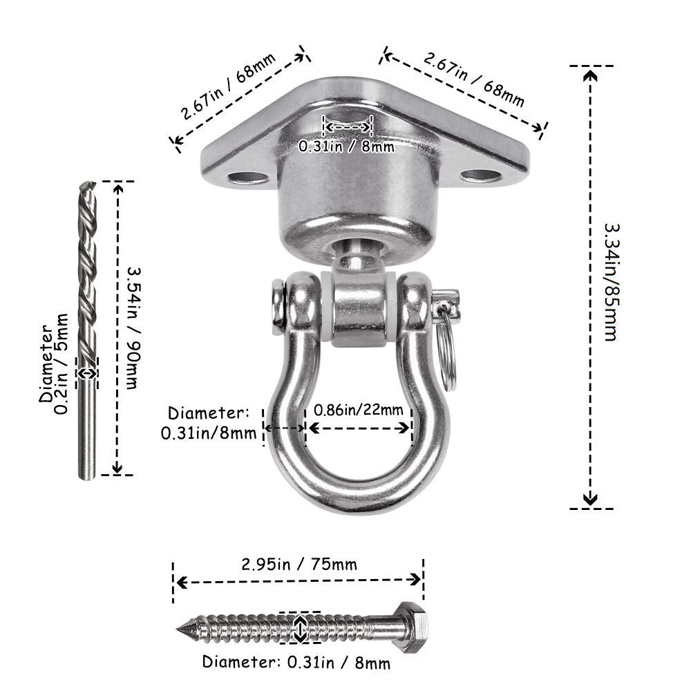 9M Silent Bearing Swing Hangers, Heavy Duty 1800°+360° Rotate Swing Swivel Hook, 1500LB Capacity Stainless Steel for Wooden Concrete Playground Yoga Hammock Chair Rope Punching Bag Porch Swing Sets