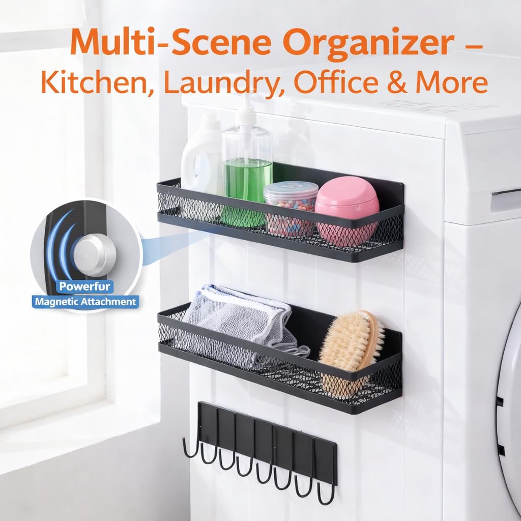 Dewsea Magnetic Shelves for Washing Machine 5 Pack, Multipurpose Metal Storage Baskets with Space-Saving Design, Magnetic Spice Rack & Laundry Organizer for Kitchen, Bathroom & Laundry Room (Black)