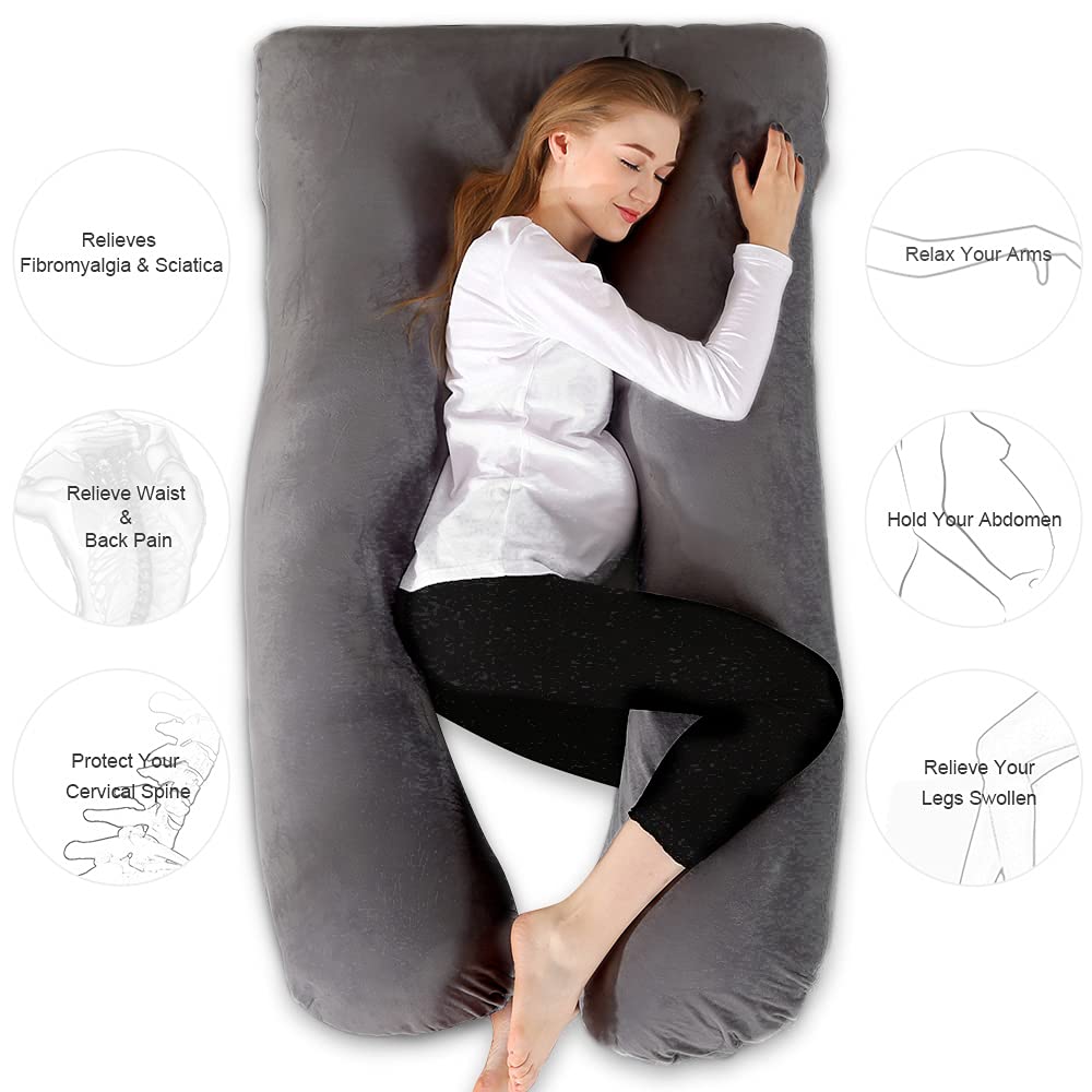 Chilling Home 59 Inch Pregnancy Pillow for Sleeping, Maternity Pillow for Pregnant Women, Full Body Pillow for Adults, Comfort U Shaped Pregnancy Pillow with Removable Washable Velvet Cover, Dark Grey