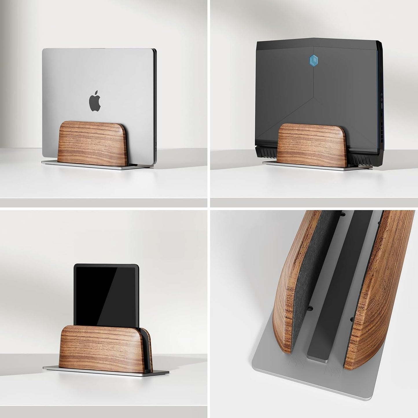 Vertical Laptop Stand for Desk, Black Walnut Wood and Aluminium Laptop Holder for All MacBook, Surface, Samsung, HP, Dell, ‌Chromebook