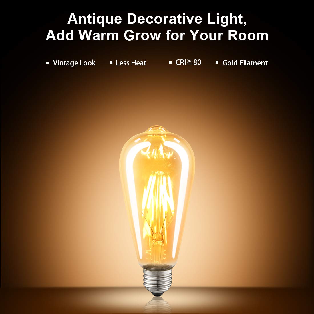 LED Edison Bulbs Dimmable Amber Warm 2700K Antique Vintage Style Filament Light Bulbs 40W Equivalent E26 Base 6-Pack by LUXON