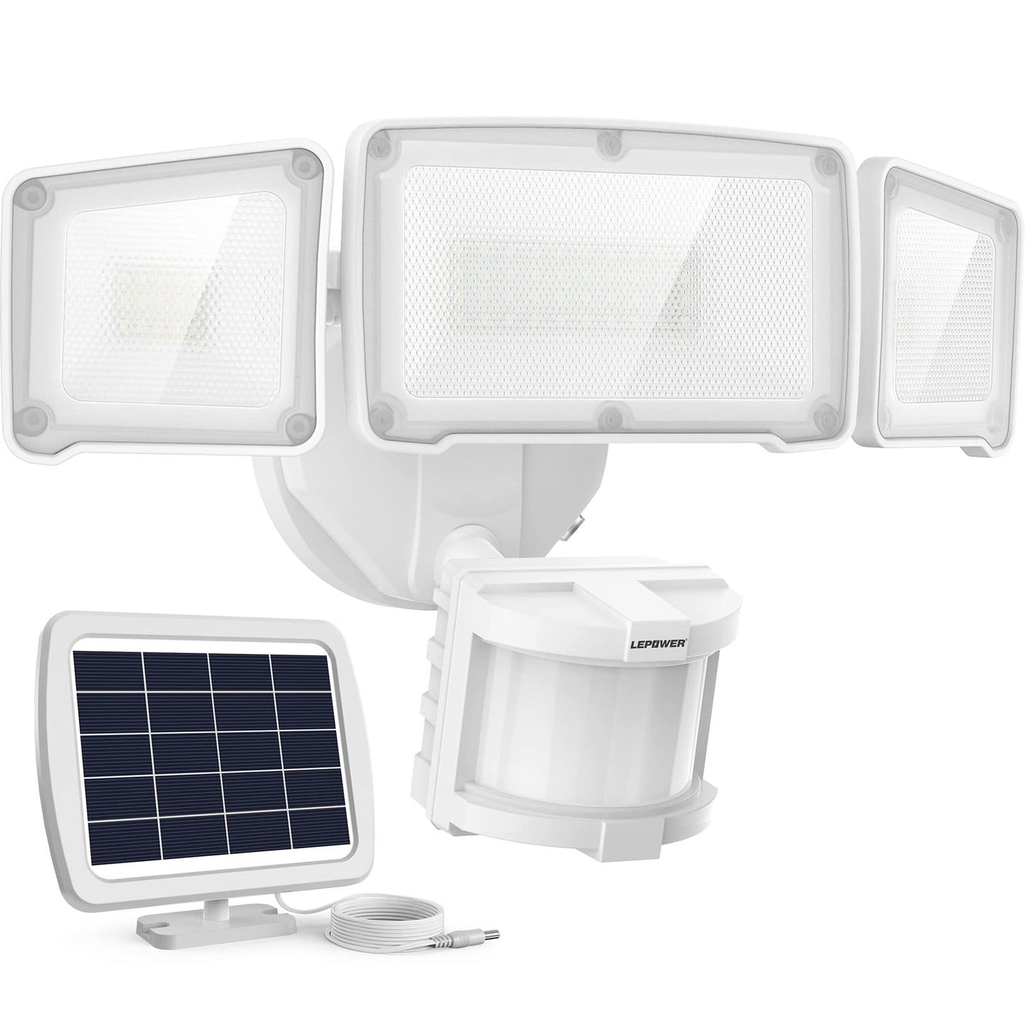 LEPOWER LED Solar Motion Outdoor Security Light, 1600LM Solar Motion Sensor Lights, 5500K White Light IP65 Waterproof Outdoor Flood Solar Light with 3 Adjustable Head for Yard, Garage（White）