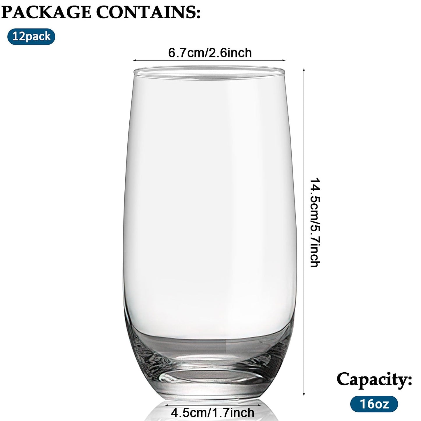 12 Pcs Crystal Highball Glasses, 16 oz Drinking Glasses, Tall Glass Sets, Water Glasses, Mojito Glass Cups, Bar Glassware, and Mixed Drink Cocktail Glass Set, Collins Glass Tumblers