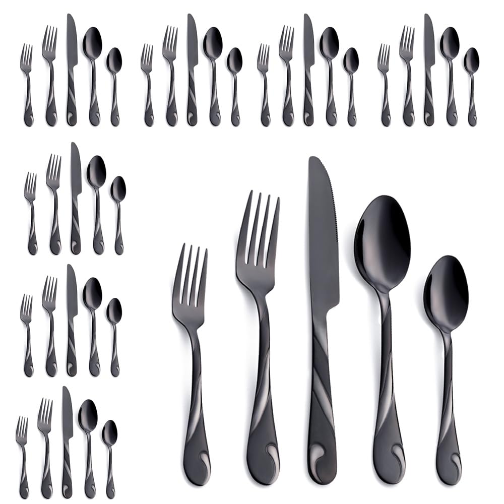 Seeshine Black Silverware Set for 8, 40-Piece Stainless Steel Flatware Set, Shiny Black Metal Cutlery Set, Include Fork, Knife and Spoon Set, Dishwasher Safe