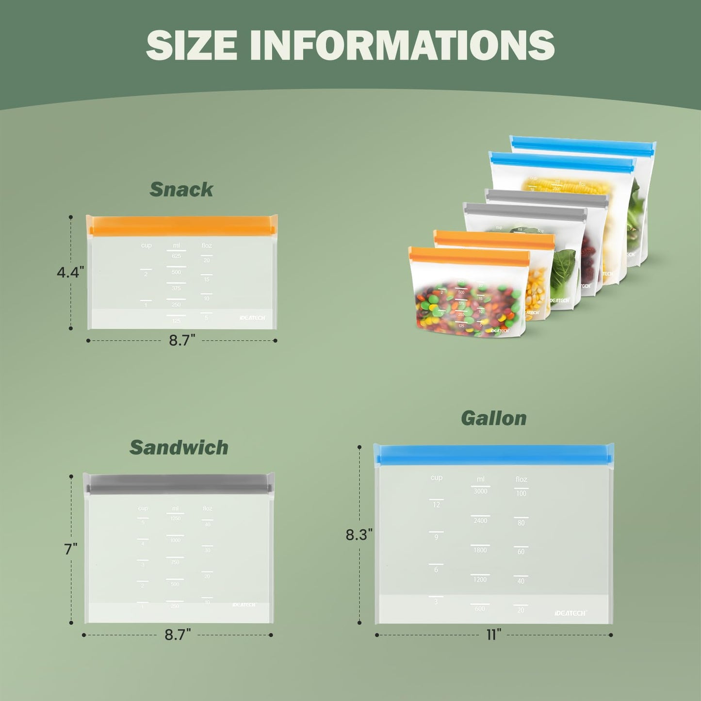 Dishwasher Safe Reusable Storage Bags Stand Up - BPA Free PEVE Reusable Sandwich Bags - Leakproof Gallon Freezer Bags, Silicone Food Storage Bags (24 Pack- 8Gallon + 8Sandwich + 8Snack)