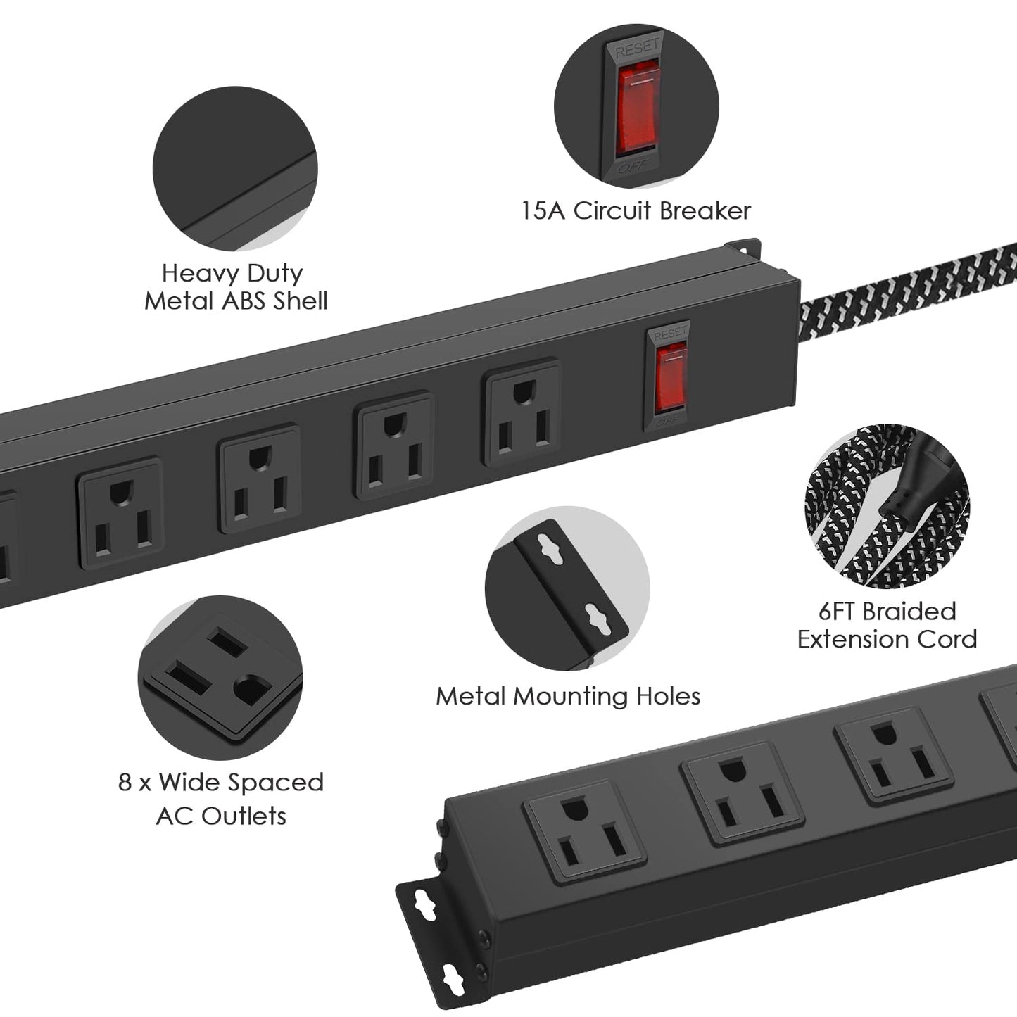 8 Outlet Power Strip - Metal Power Strip with Switch,Wide Spaced Moutable Power Strip,6ft 14Awg Braided Cord,Home Office Industrial Garage Commercial