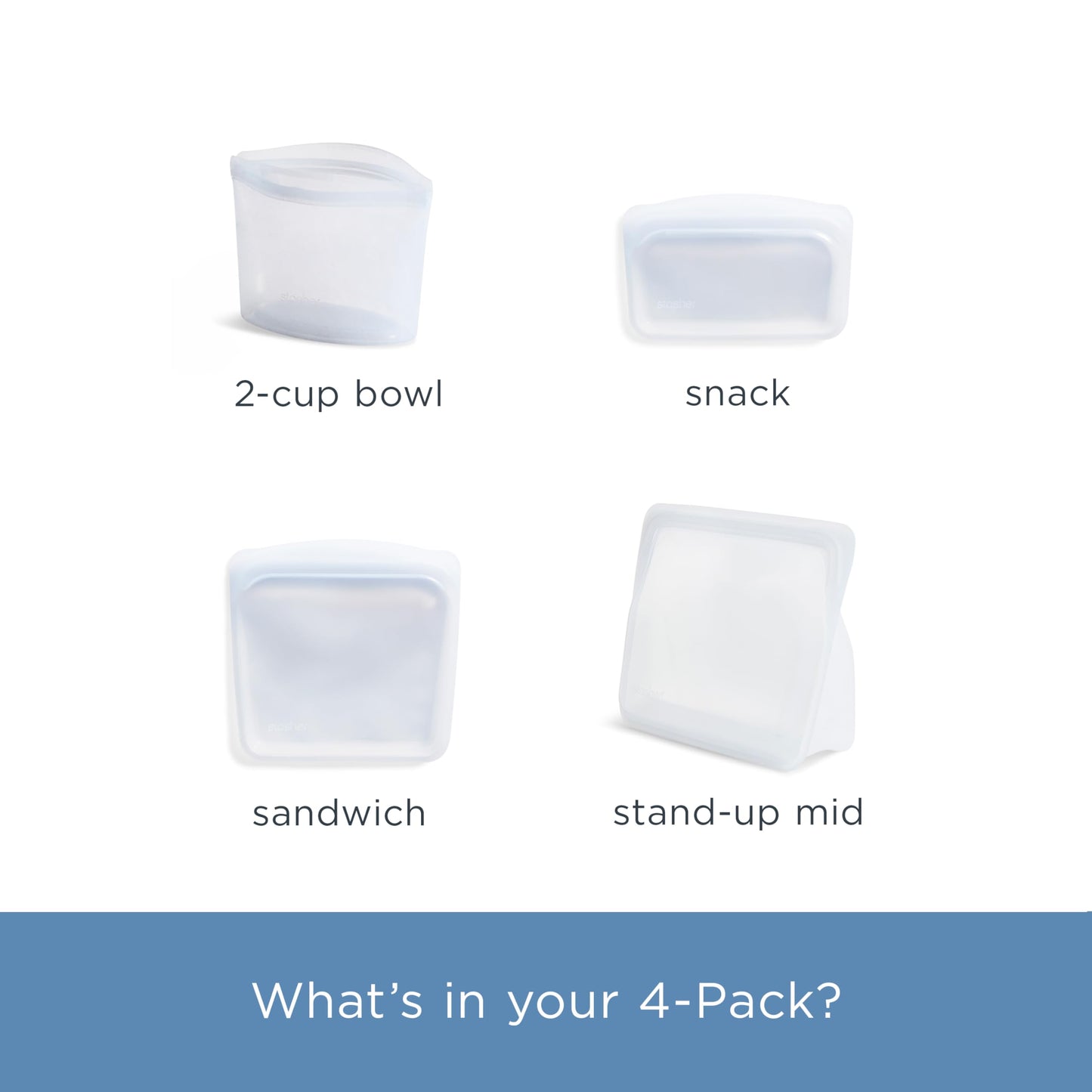 Stasher Silicone Reusable Food Storage Bags, 4-Pack Starter Kit, Reusable Freezer Bags, Microwave, Dishwasher, Oven Safe, Sous Vide, Premium Lunch Containers, Eco Friendly, Food-safe Silicone, Clear
