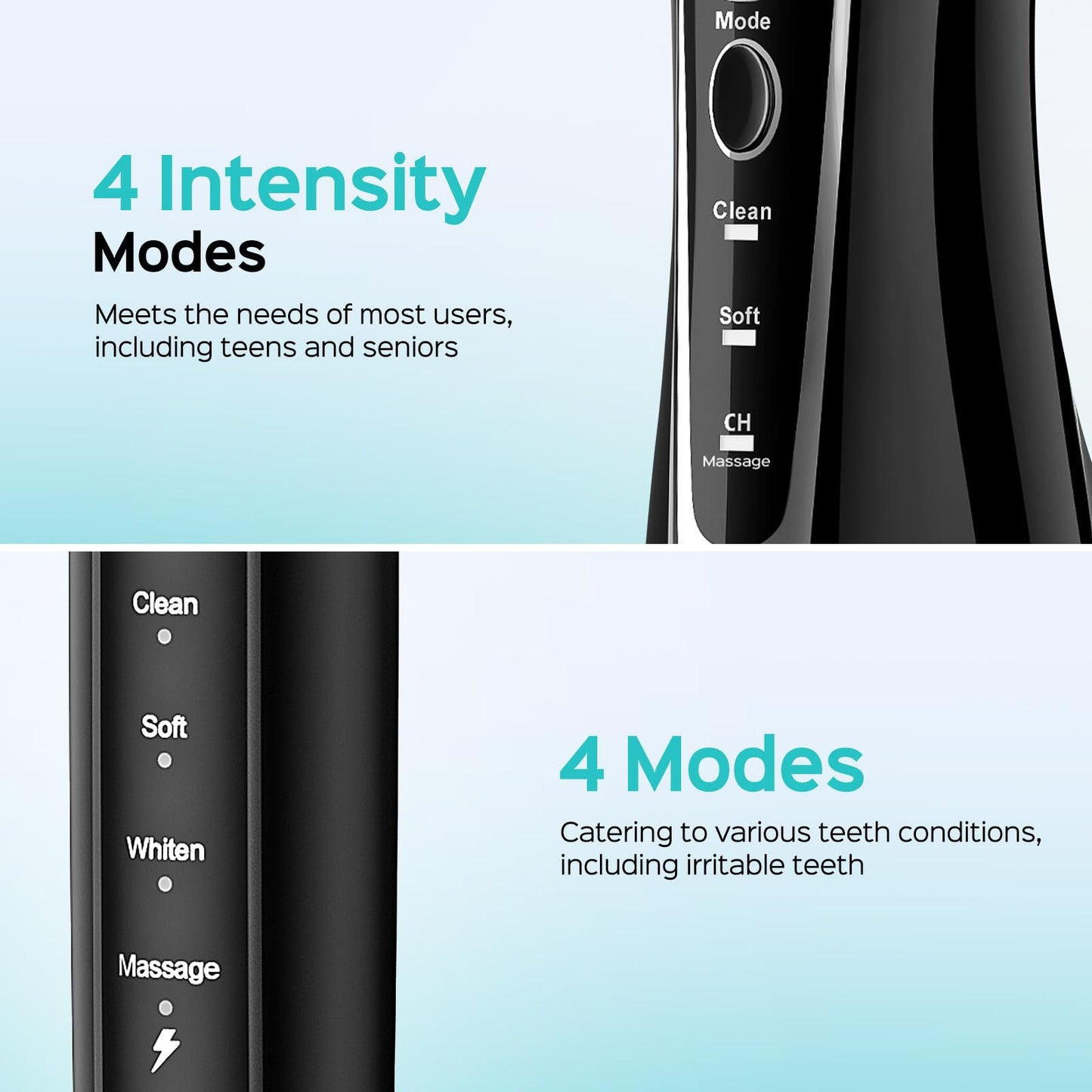 COSLUS Water Teeth Flosser & Electric Toothbrush Combo: 2-in-1 Portable Deep Cleaning Kit, Sonic Toothbrush and Pick with Multiple Modes & 4 Tips 4 Brushes for Family, IPX7 Waterproof, Black, C20&C41
