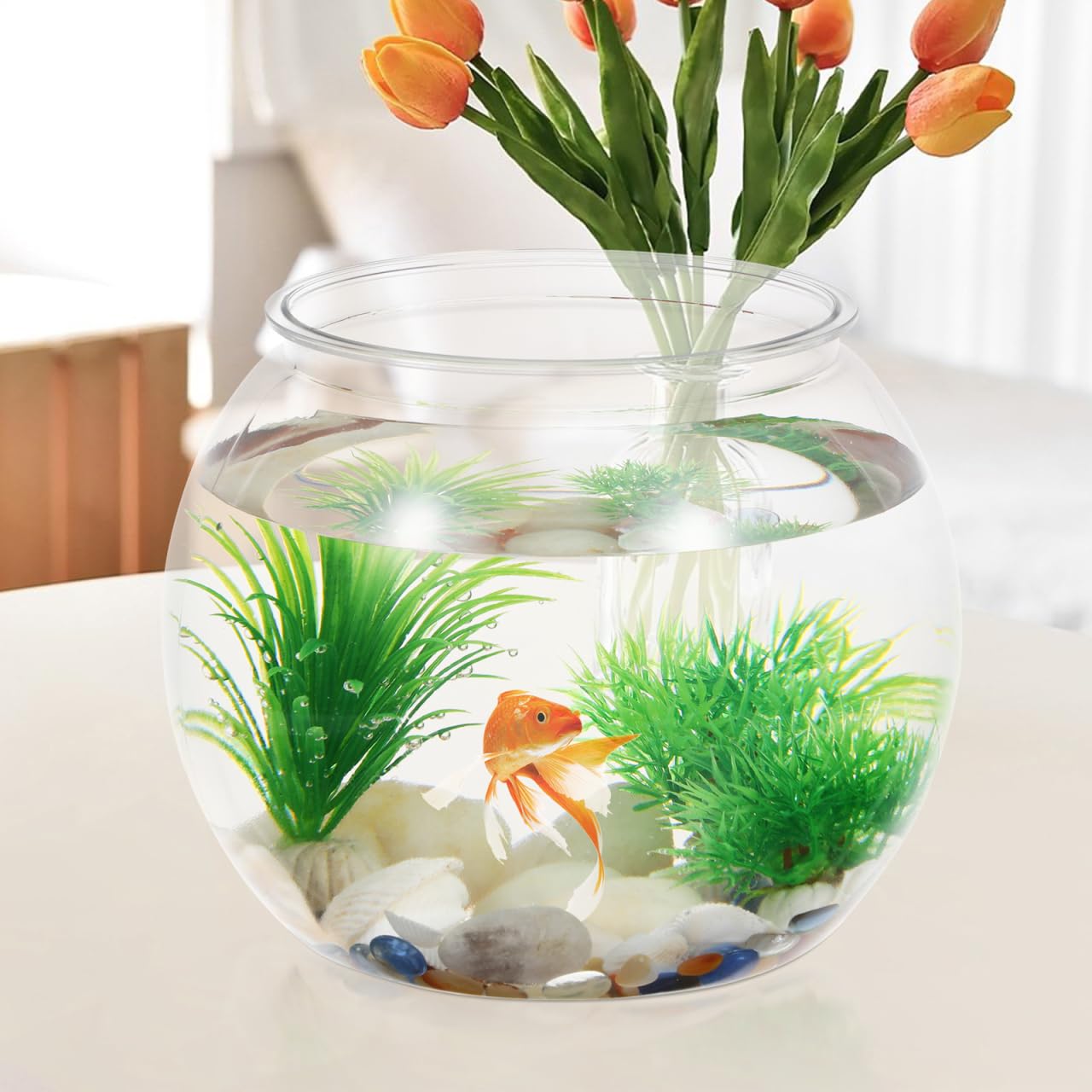 POPETPOP Plastic Fish Bowls Round Large Clear Plastic Fishbowl Vase Pot Goldfish Bowl for Wedding Party Event Christmas Holiday Home Decor 8.67 x 6.89 Inches