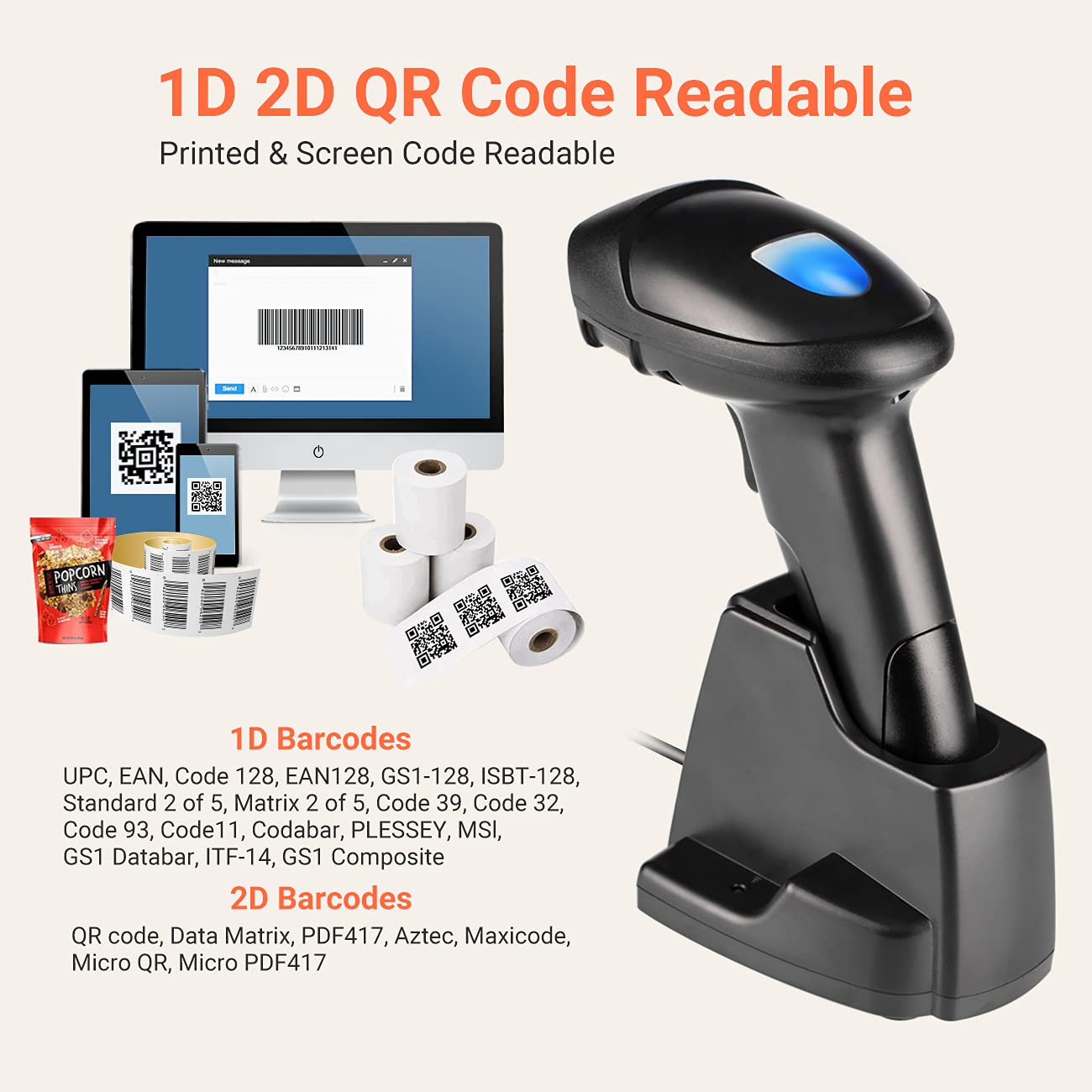 Tera 1D 2D QR Wireless Barcode Scanner with USB Charging Cradle Base Handheld Bar Code Reader Scanners Automatic Sensing Fast Precise Scanner for Small Business Supermarket Warehouse Library HW0005