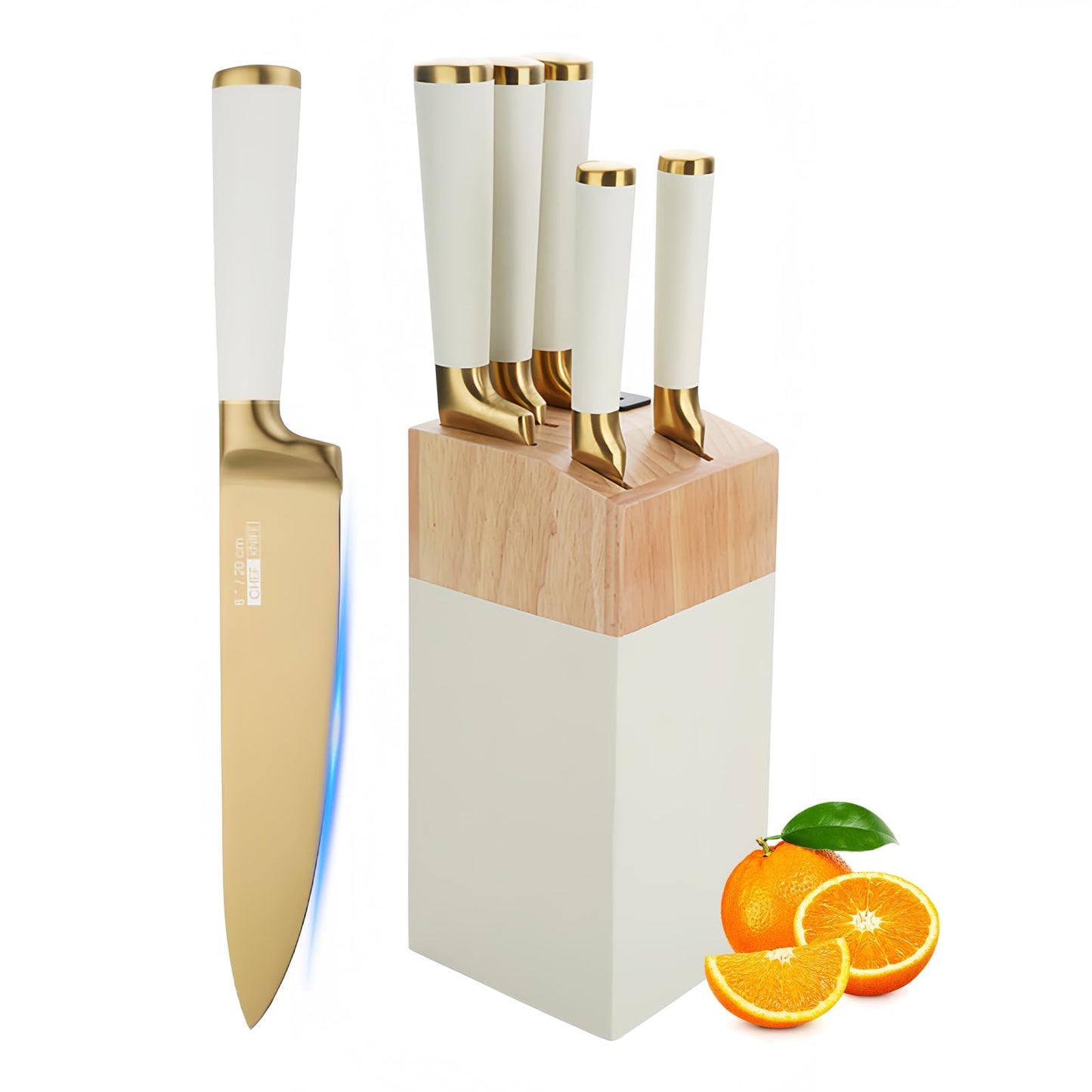 Gold Knife Set, 6 Pieces Titanium Coated Knife Block Set with Pink Wood Block, Ultra Sharp Stainless Steel Chef Knife Sets for Kitchen Built-in Sharpener, Kitchen Accessories and Decor (White)