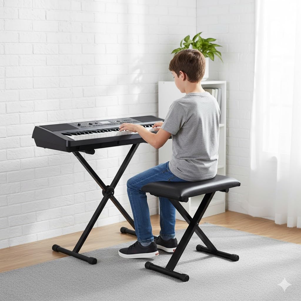 Kunova (TM) Piano Bench Stool 3-Position Height Adjustment(16.5"/17.5"/19.5", 42cm/45cm/50cm) Black Folding Super-Stable and Durable Padded Keyboard Bench with X-Style Iron Legs