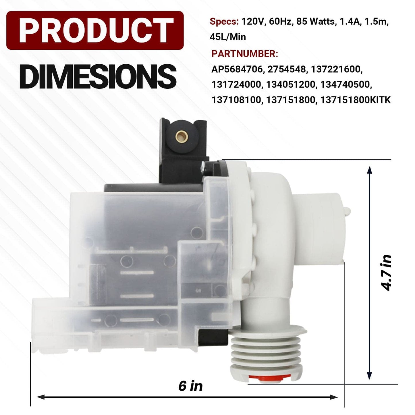 137221600 Washer Drain Pump Kit Replacement Part for Ken-More Frigi-daire Replace 137108100 AP5684706 134051200 134740500 134740800 137108100 137151800 137151800 137151900