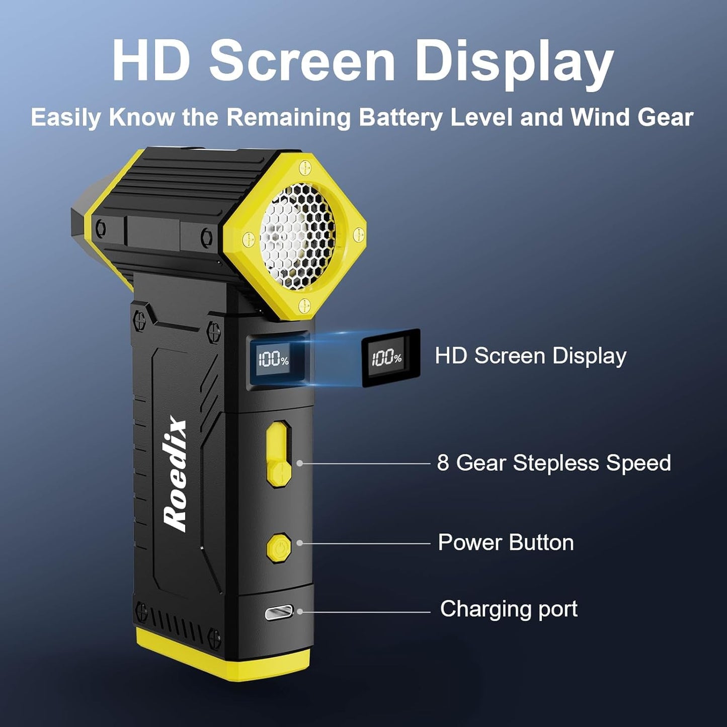 Compressed Air Duster, 210000RPM 8-Gear Adjustable Electric Air Duster with LED Display, 10,000mAh Rechargeable Air Blower for Keyboard, PC, Car and Home Cleaning, Jet Dry Blower (Black-yellow2)