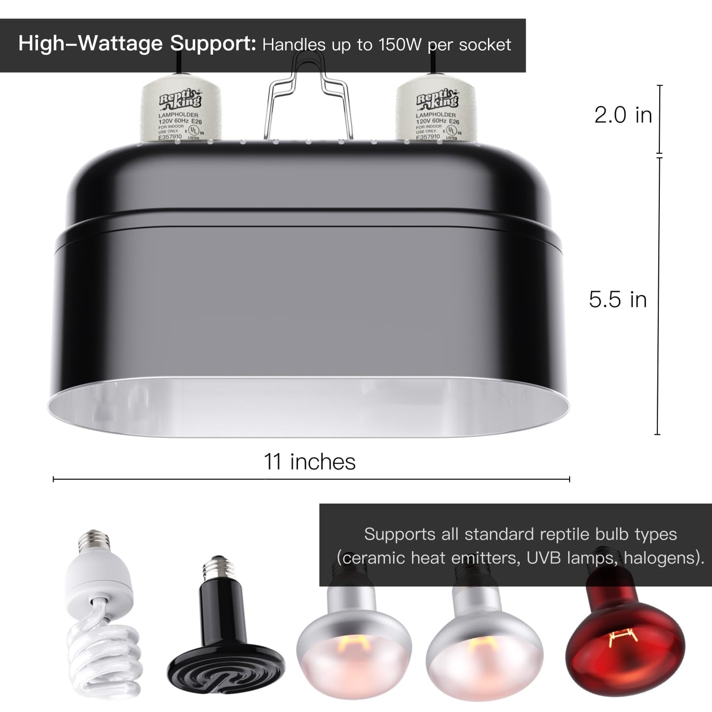 ReptiKing Reptile Dual Light Fixture, Double Deep Dome for Reptile Light/Heat Lamp/UVB Light, Snap-on Lamp Fixture Holder for Beared Dragon/Snake/Turtle/Lizard Tank Accessories